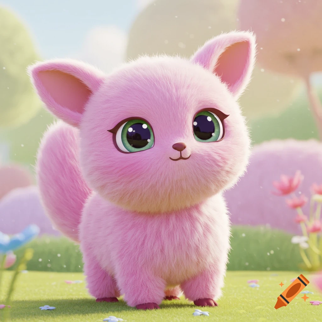 A fluffy pink cartoon creature with large green eyes stands in a field.