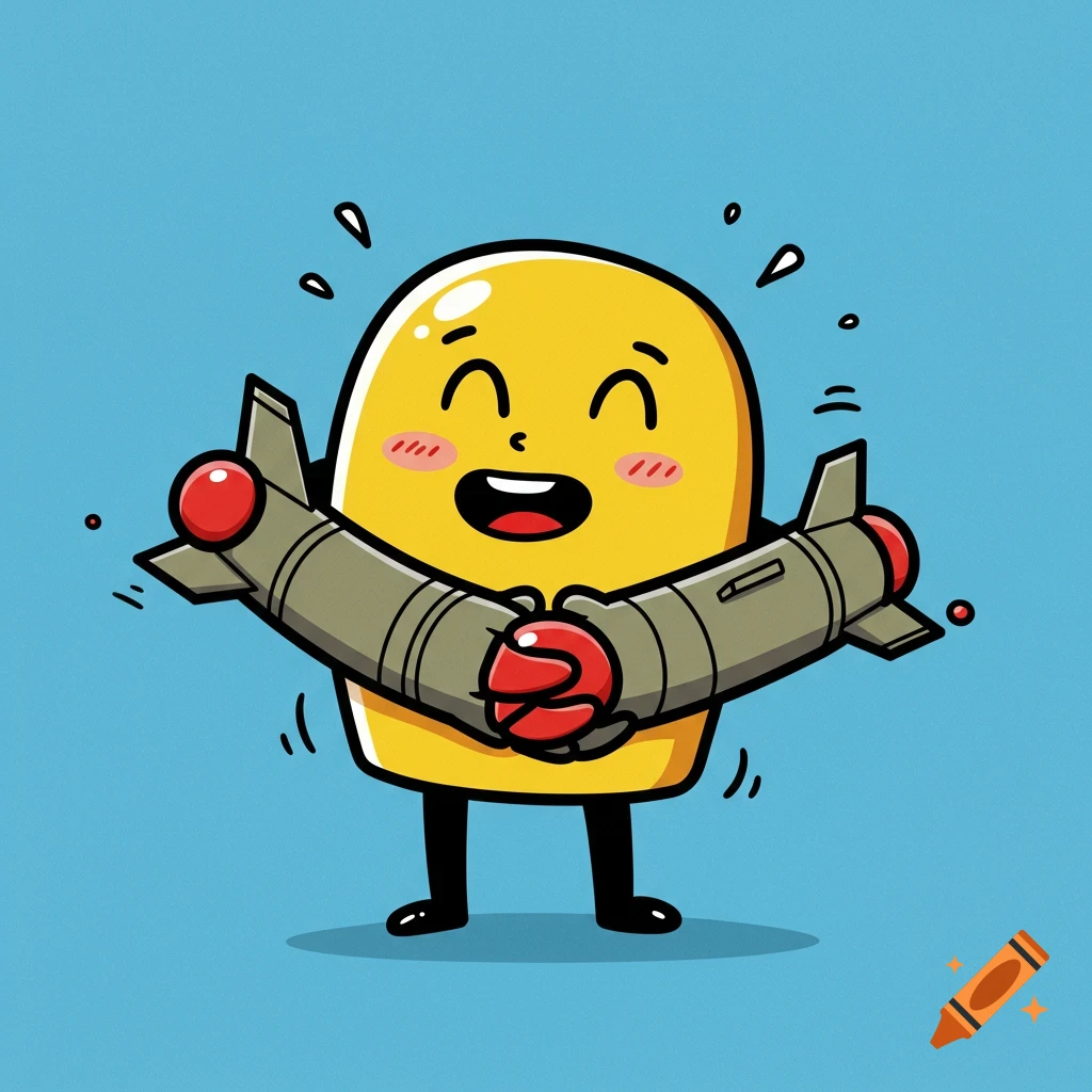 A happy yellow cartoon character with missile arms hugs its missiles.