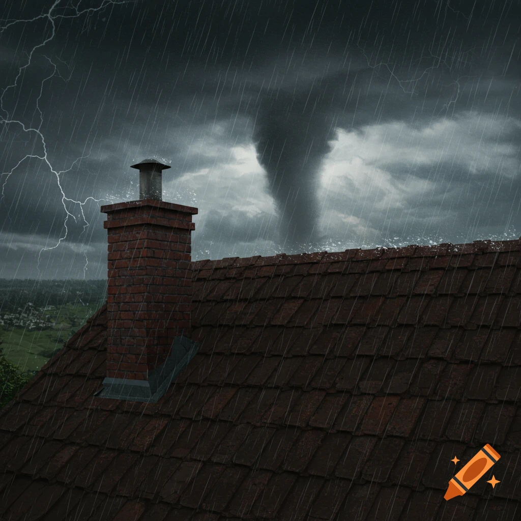 House roof and chimney under a stormy sky with rain, lightning, and a tornado.
