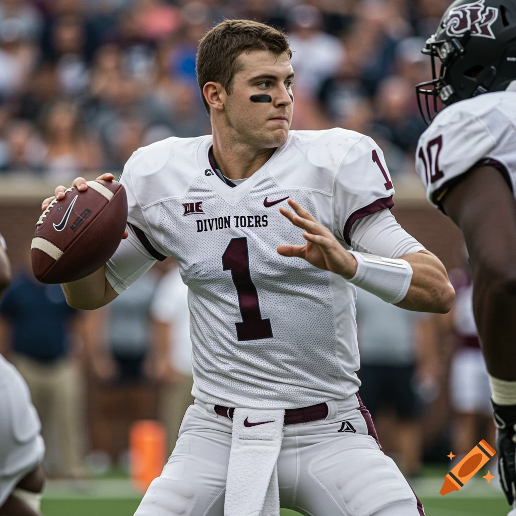 A white college quarterback in a uniform throws a football on a field.