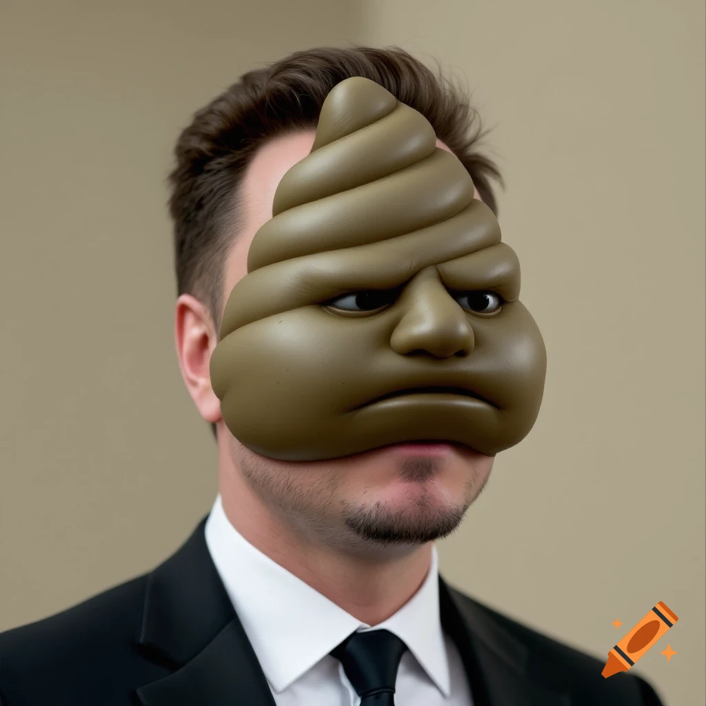 Man in a suit wearing a poop emoji mask on his face.