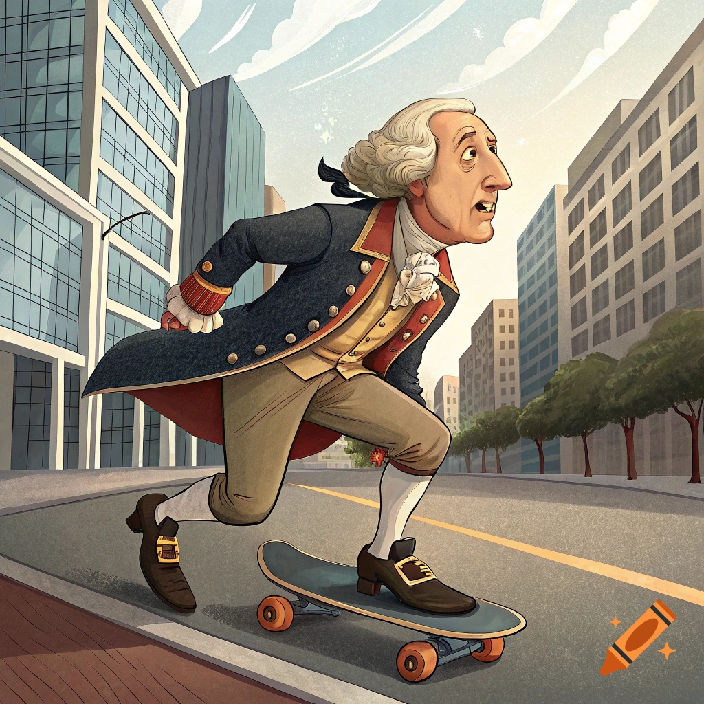Cartoon illustration of George Washington skateboarding down a city street