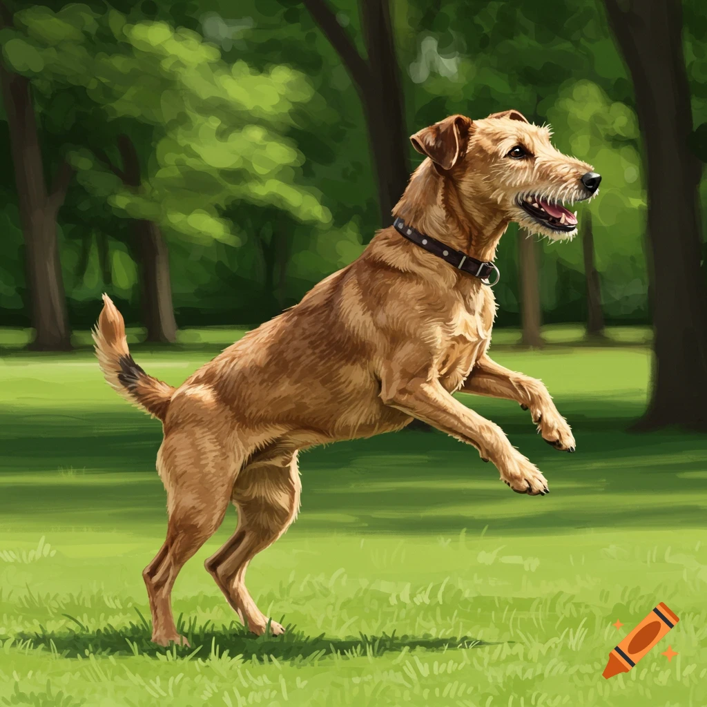 An illustration of a brown dog jumping in a green park.
