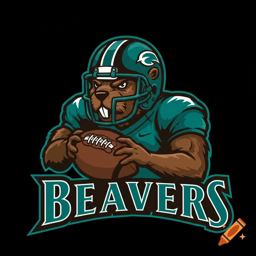 Cartoon logo of a beaver in a teal football uniform holding a football, with the word "BEAVERS" below.
