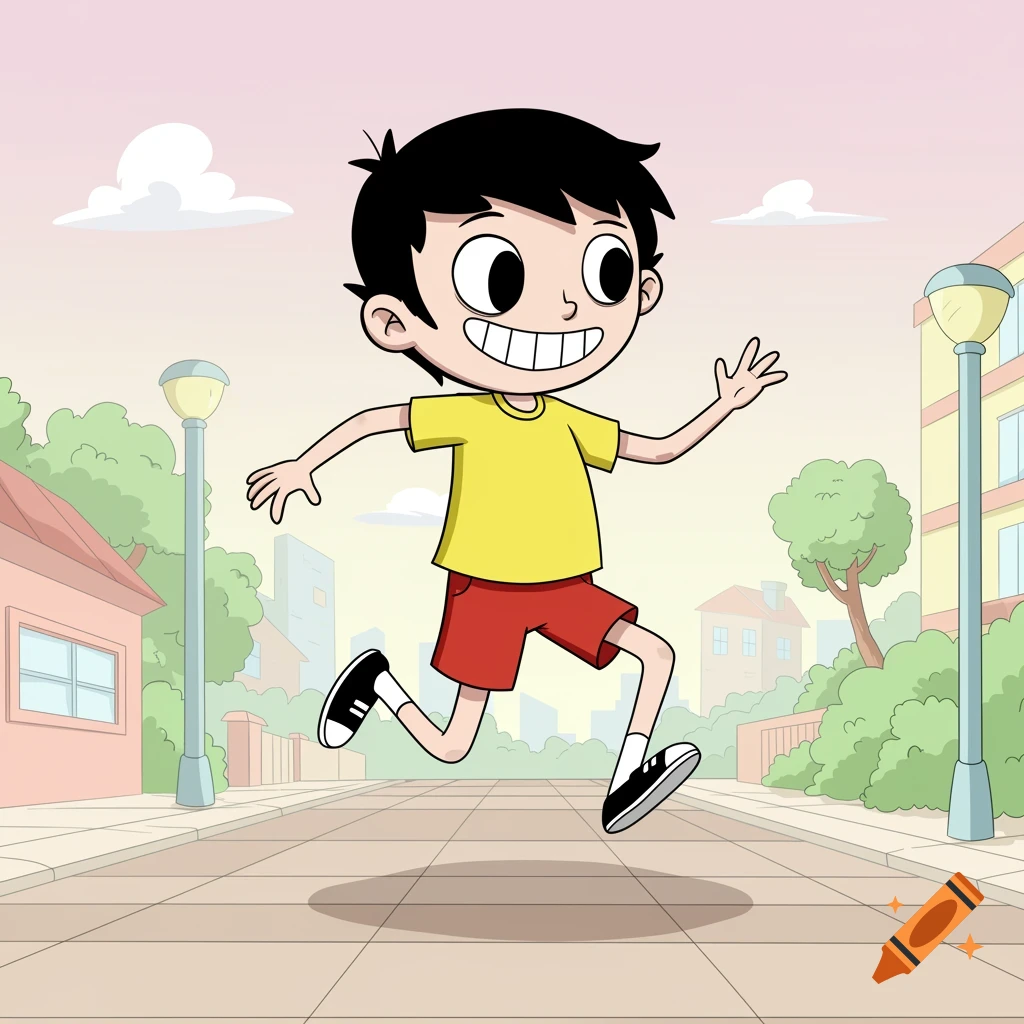Cartoon boy running down a street