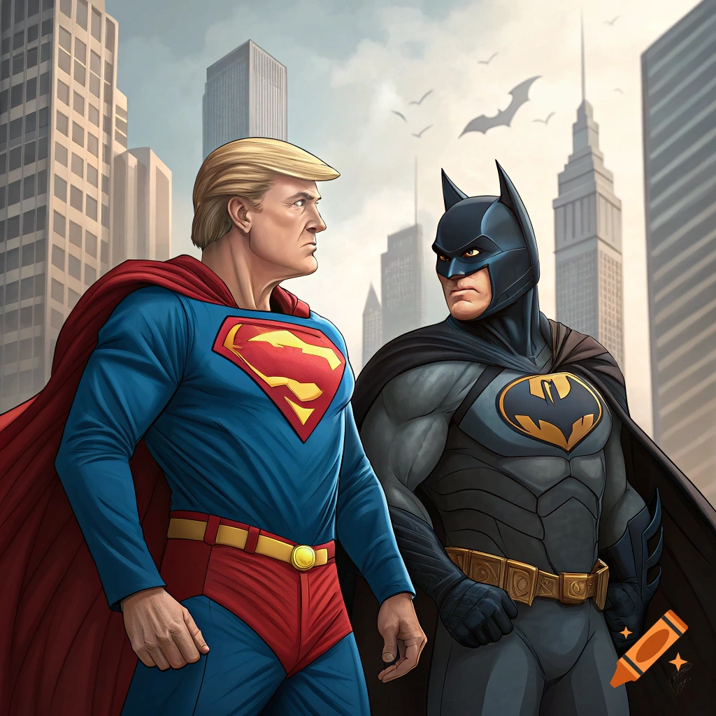 Illustration of Donald Trump as Superman and Elon Musk as Batman standing in a city.