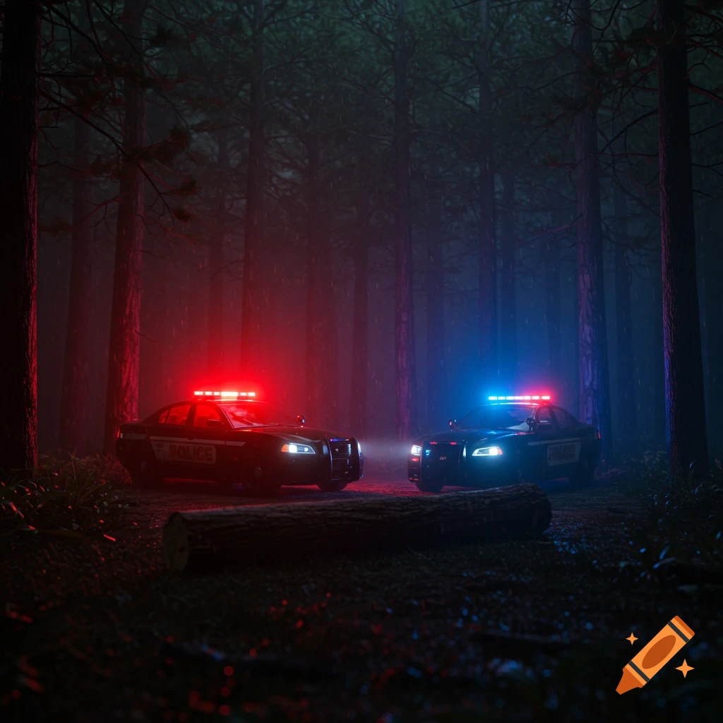 Police cars with flashing red and blue lights in a dark, rainy forest at night