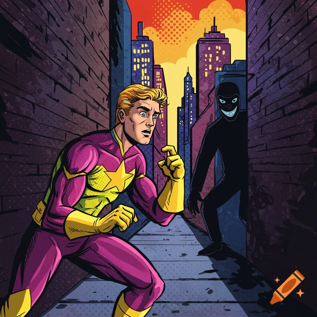A superhero in an alley faces a shadowy figure with a creepy smile, in a comic book style.