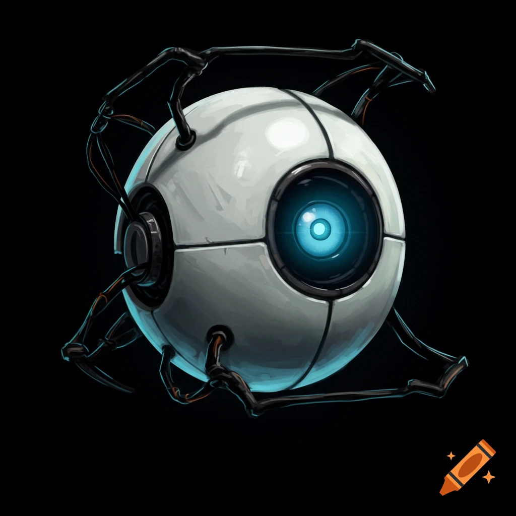 A white spherical robot with a glowing blue eye and black tendrils against a black background, illustration style.