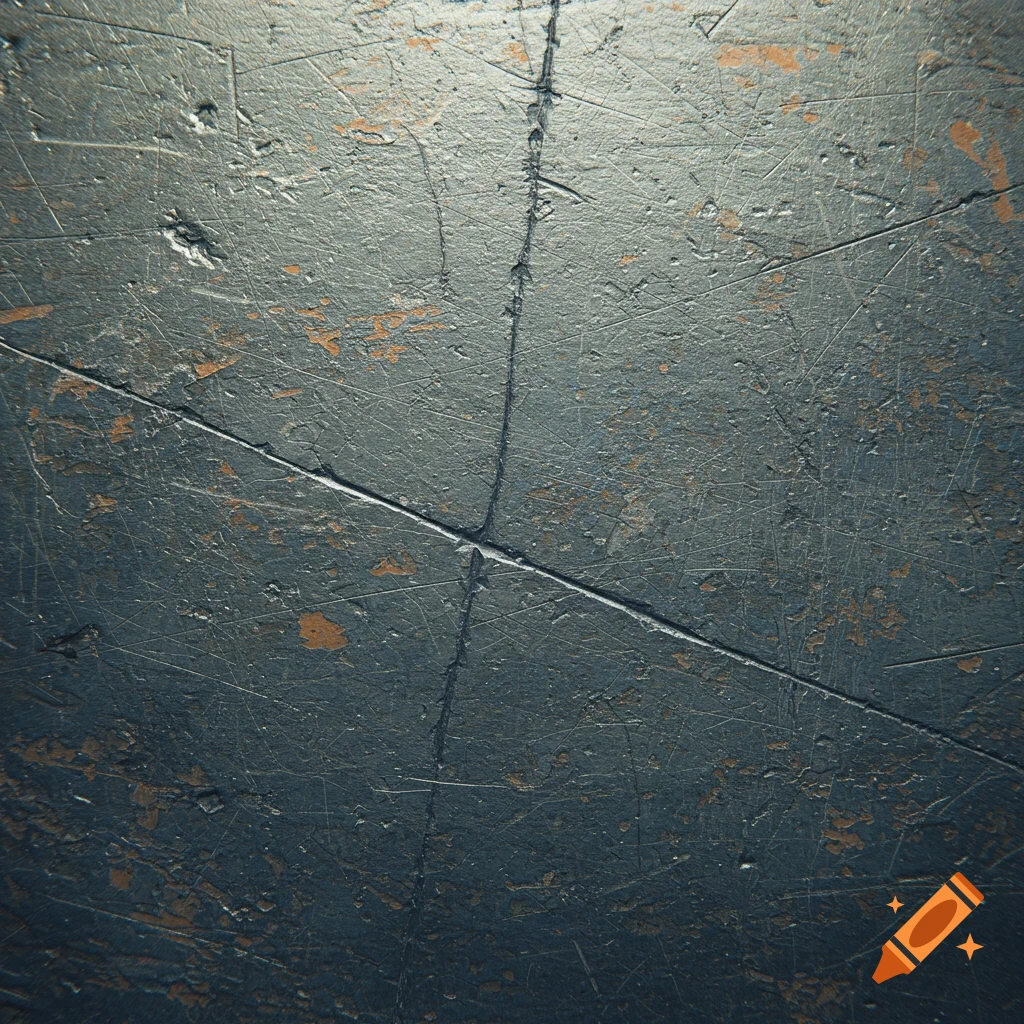 A close-up abstract view of a dark, scratched metallic or painted surface with some worn patches.