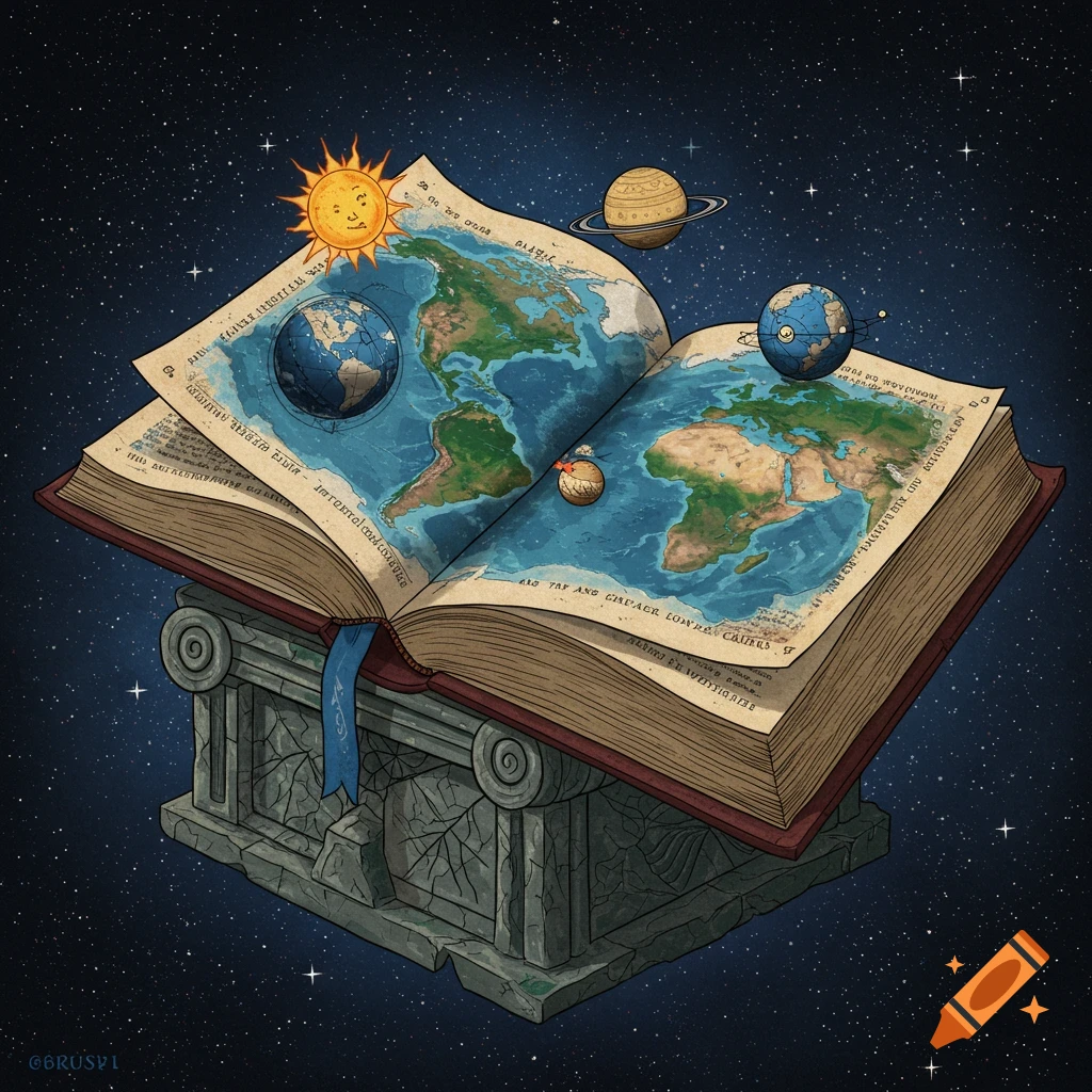 Illustration of an open book with a world map, floating in space with planets and the sun on a stone pedestal.