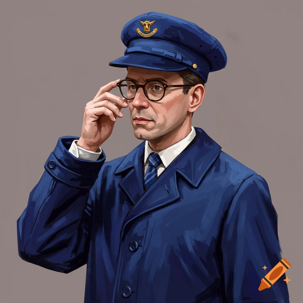 Illustration of a man in a blue postman uniform adjusting his glasses.