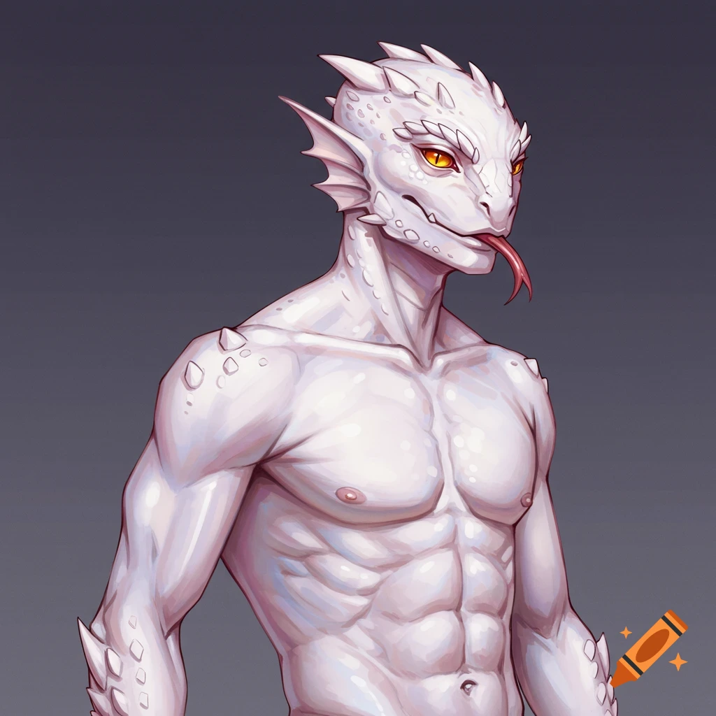 Digital illustration of a white reptilian male humanoid with scales, spikes, gills, and a forked tongue, showing muscular chest.