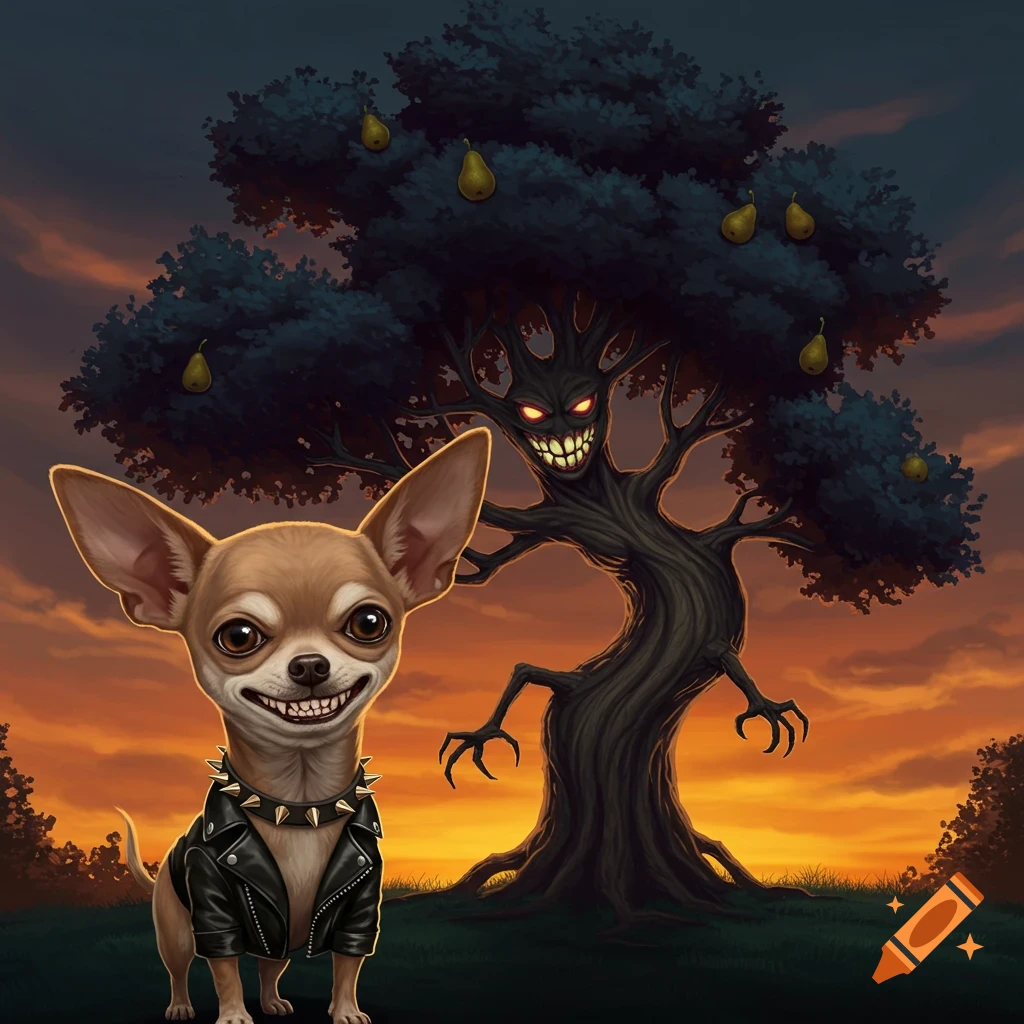 A chihuahua in a leather jacket stands before a scary-faced tree with pears at sunset, illustration.