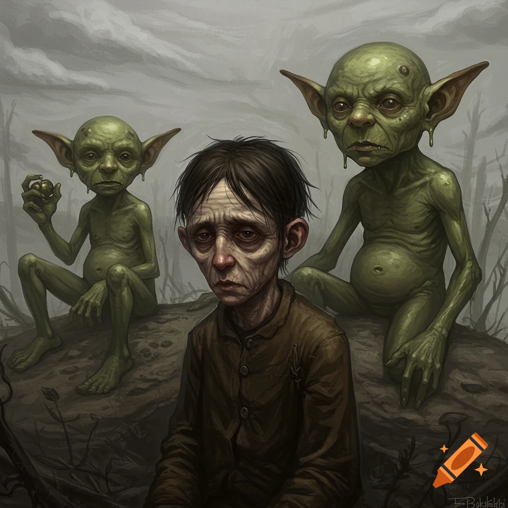 A person sits with two goblin-like creatures in a dark, misty landscape, in the style of Zdzislaw Beksinski.