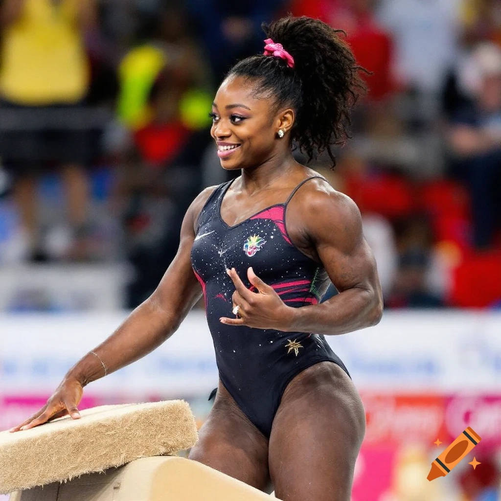Gymnast Simone Biles smiles while on a balance beam