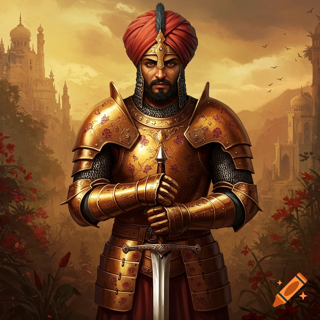 A fantasy warrior in ornate golden armor and a red turban holds a sword before a distant palace at sunset.