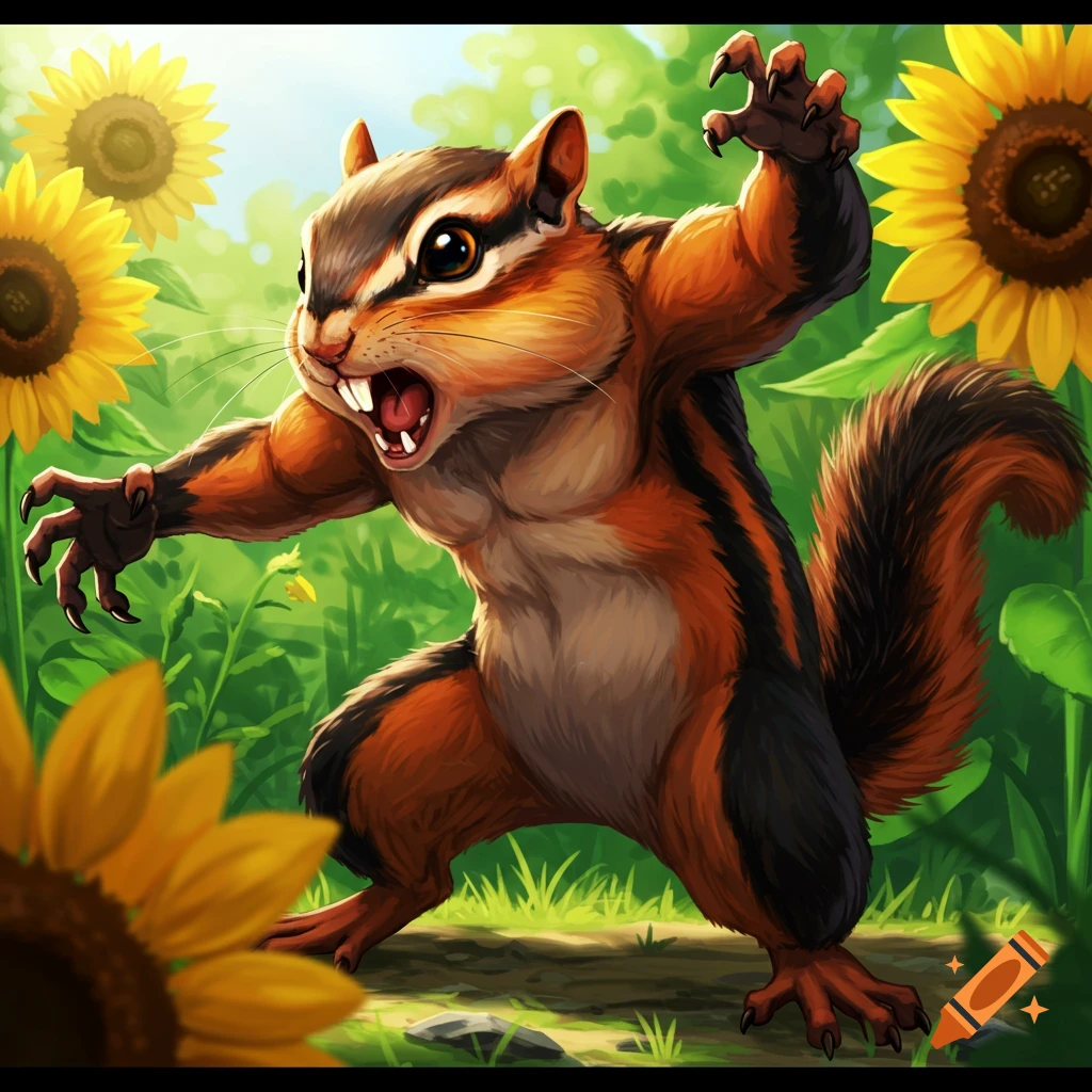 A muscular, cartoonish chipmunk stands among sunflowers, its claws extended and mouth open in a fierce pose.