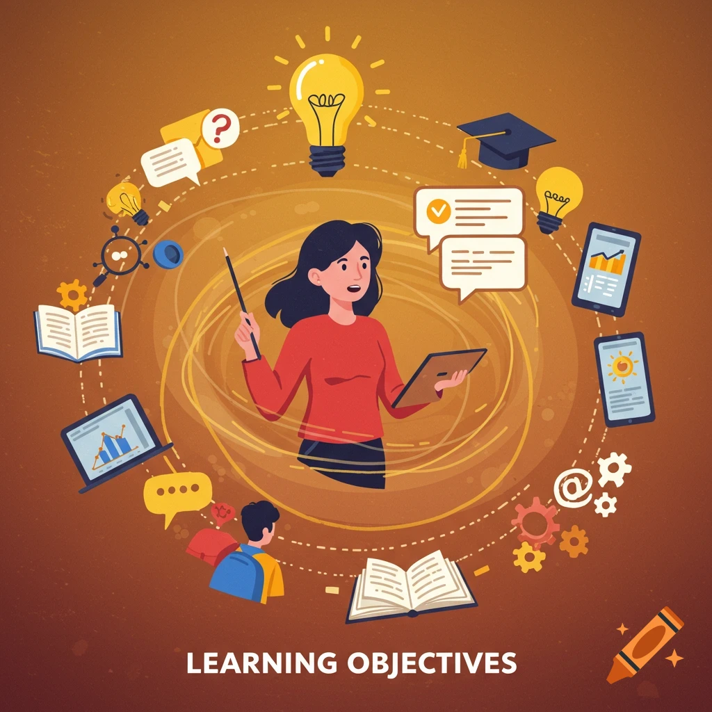 Illustration of a teacher surrounded by educational symbols and text 'Learning Objectives'.