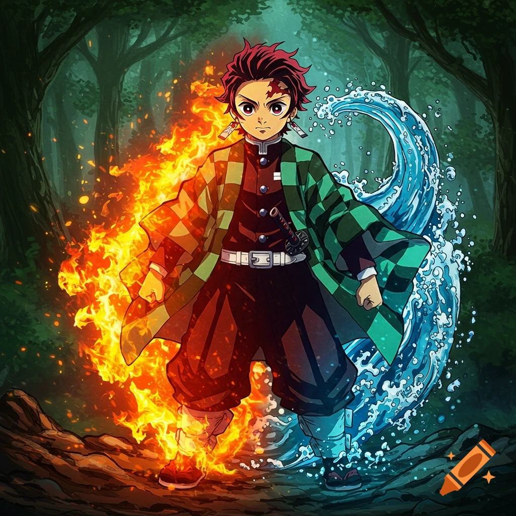 Anime character Tanjiro standing with fire on one side and water on the other in a forest.