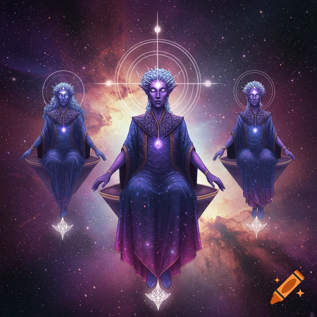 Three purple-skinned figures in flowing robes float in space with glowing eyes and cosmic symbols. Digital art.