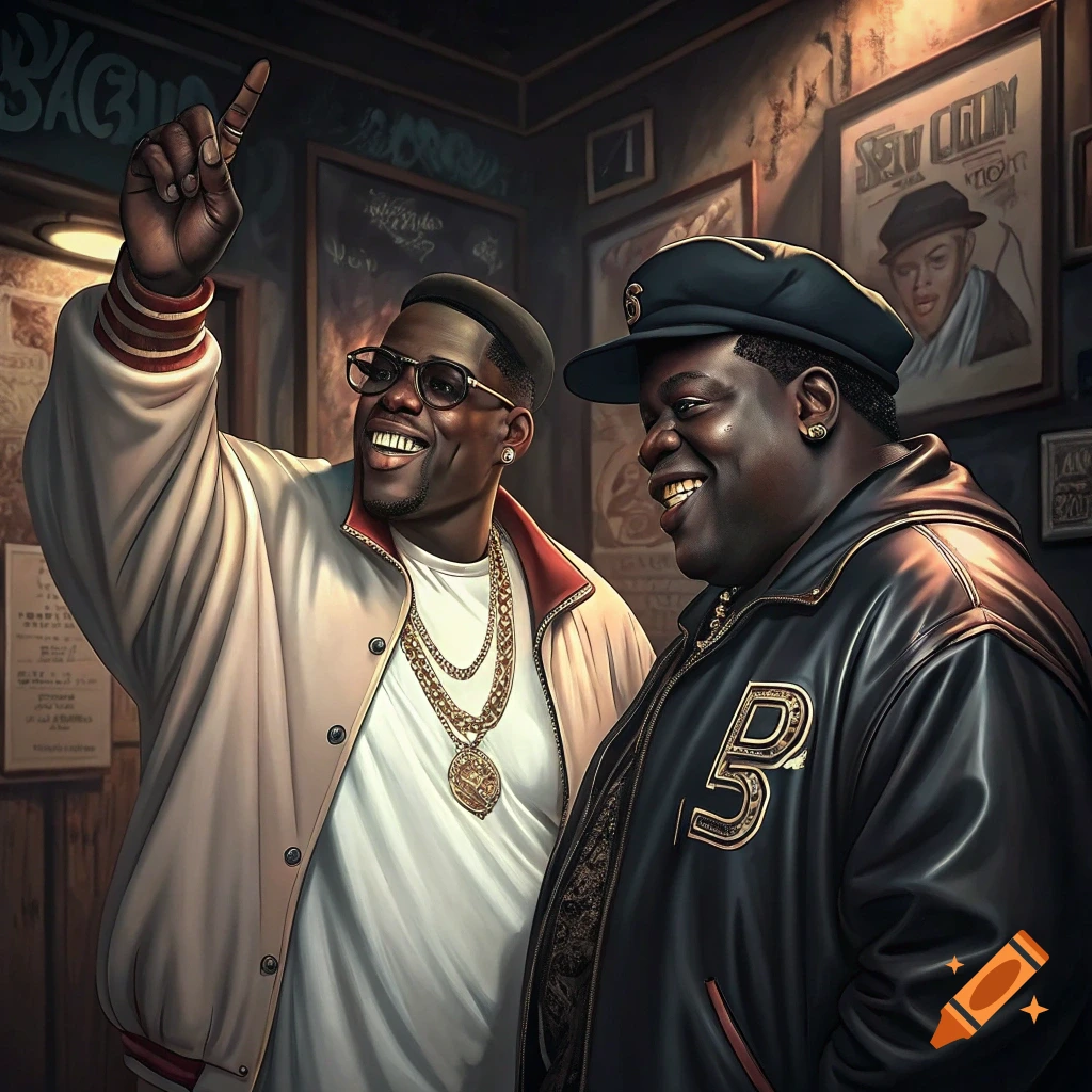 Two men, possibly musicians, wearing jackets and chains, pose together in a room with posters on the wall.