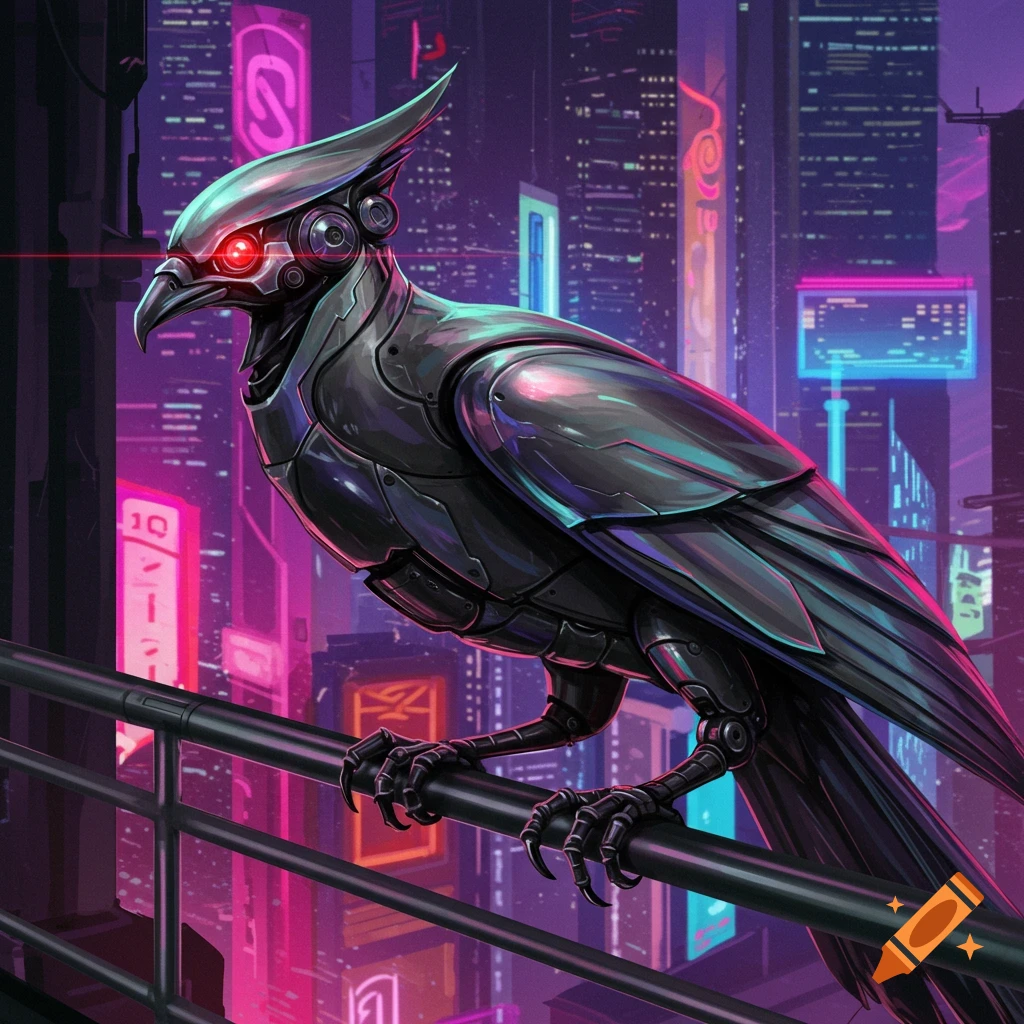 A metallic robotic bird with glowing red eyes sits on a railing overlooking a neon-lit cyberpunk city at night.