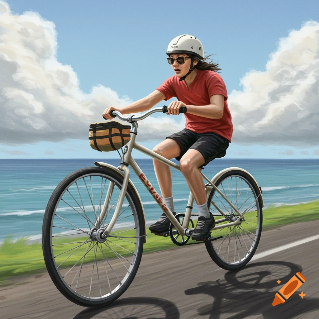 Person riding a bicycle on a road by the coast under a cloudy sky.