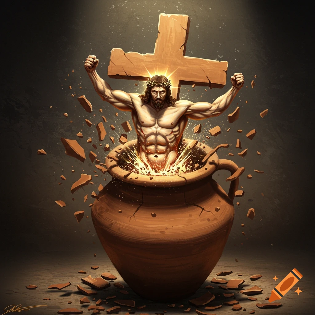 Muscular figure with crown of thorns bursts from breaking clay pot, cross behind him. Illustration.