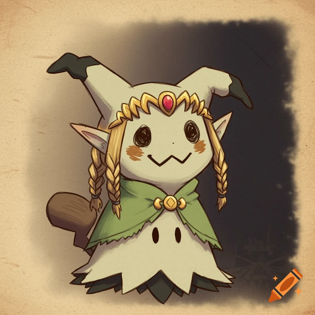 A hand-drawn chibi-style Mimikyu wearing a Princess Zelda outfit with braided blonde hair and a crown.