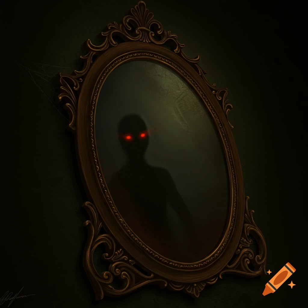 A dark silhouette with glowing red eyes reflects in an ornate mirror.