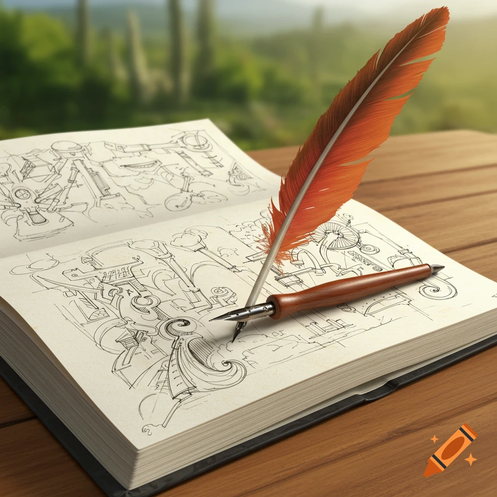 An open sketchbook filled with intricate technical sketches, with a quill pen resting on the pages, set on a wooden table.