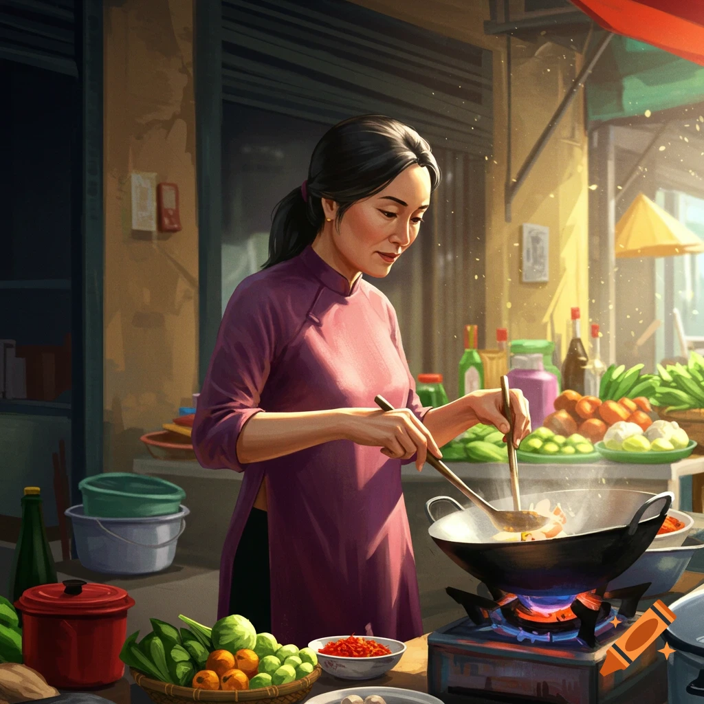 Vietnamese woman cooking food in a wok at a vibrant market stall, detailed illustration.