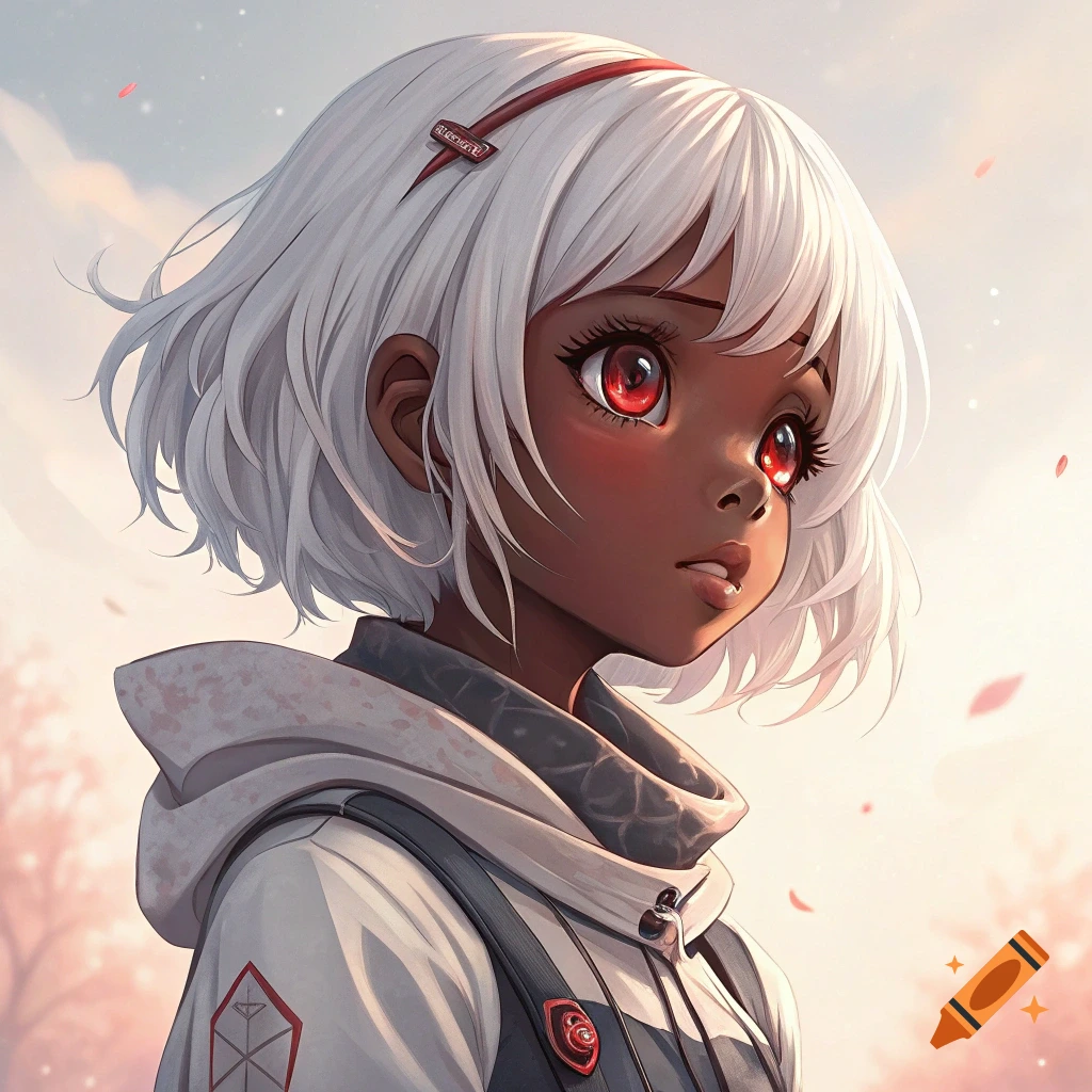 Anime portrait of a Black girl with white hair and red eyes.