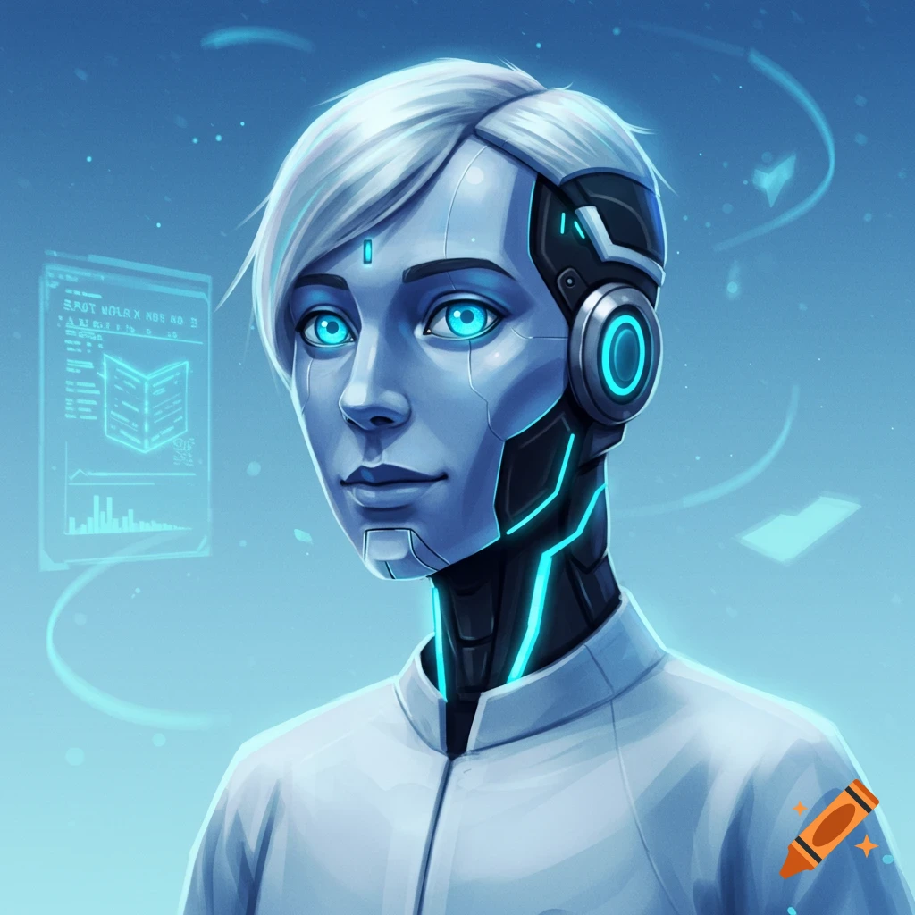 A digital illustration of a cyborg or android face with blue eyes and glowing accents against a blue background.