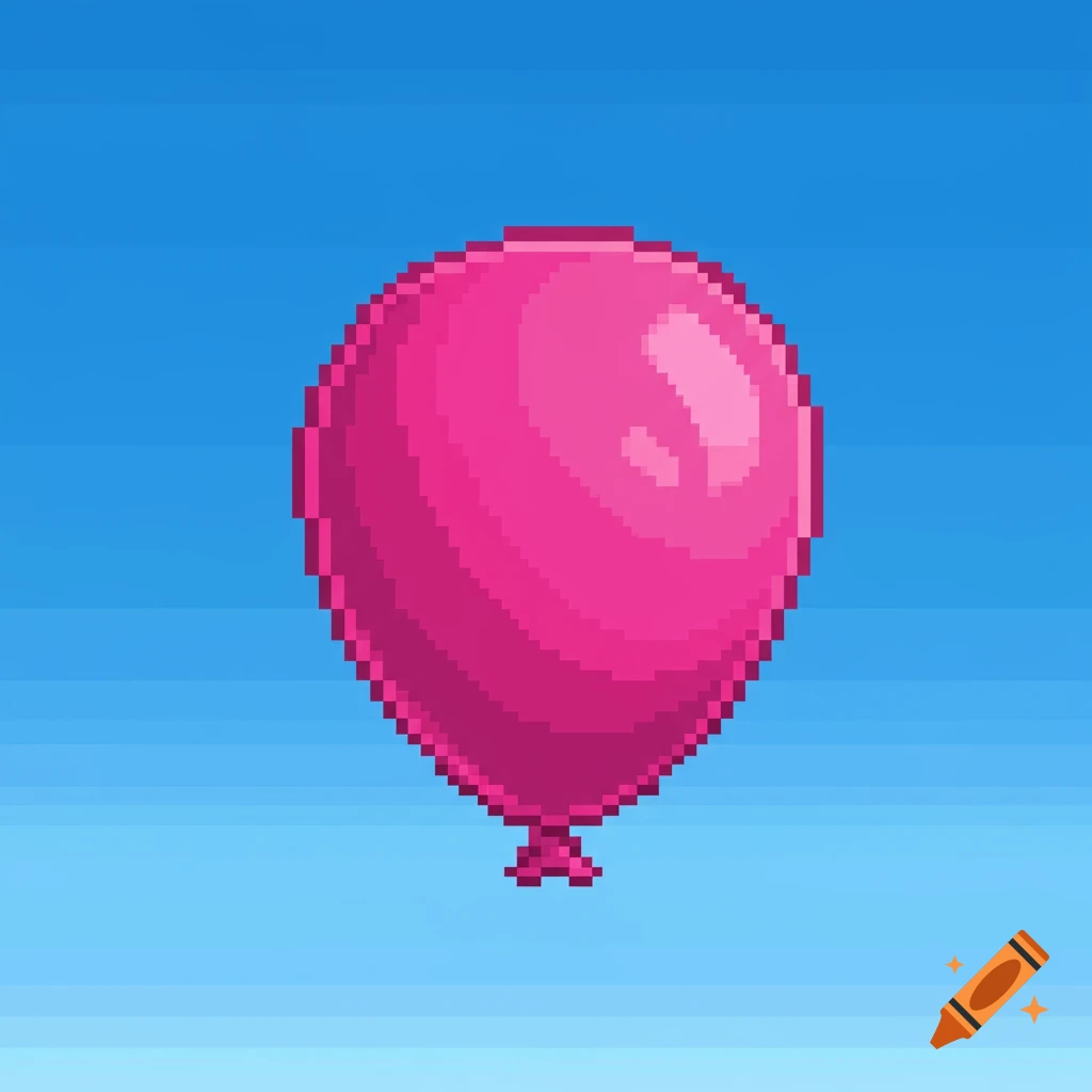 A single pink pixel art balloon floats against a blue sky.