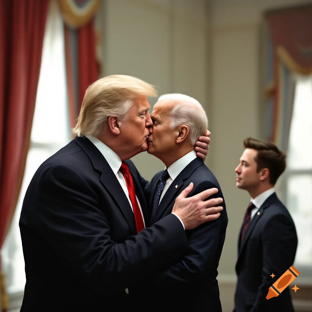 Photorealistic image of Donald Trump and Joe Biden kissing, with a man watching in the background.