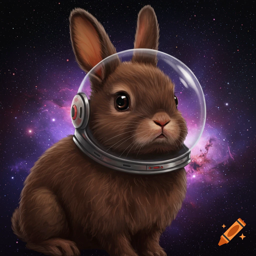 A cute brown rabbit wearing a space helmet sits against a vibrant purple galaxy background.