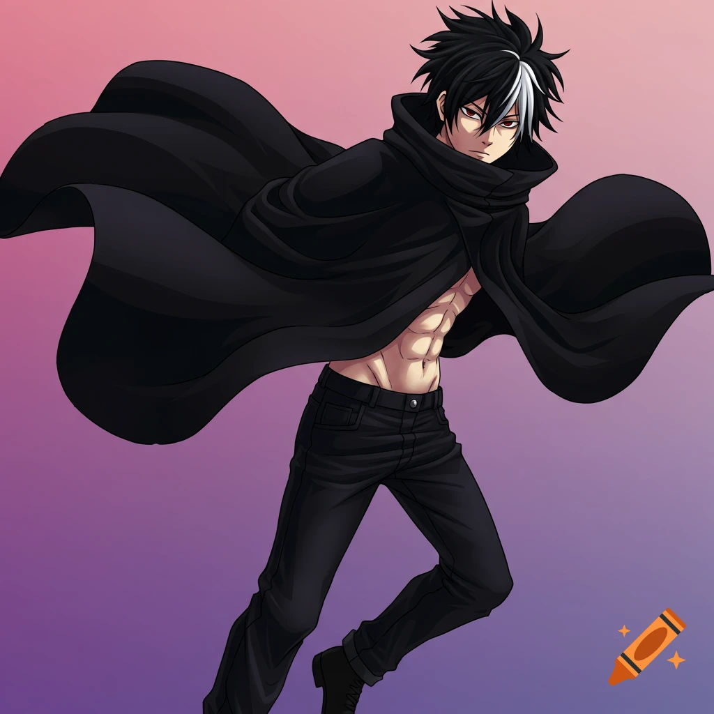 Anime man with black messy hair and a white strand, wearing a black cloak and jeans, showing abs, against a gradient background.