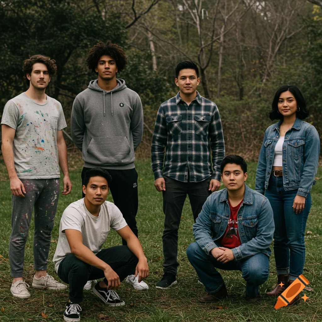 A group of diverse young adults posing outdoors in a forest setting.
