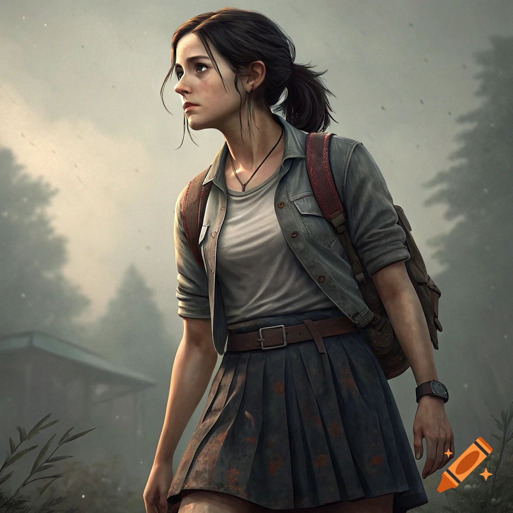 Illustration of a woman with a backpack and skirt looking into the distance in a misty forest.