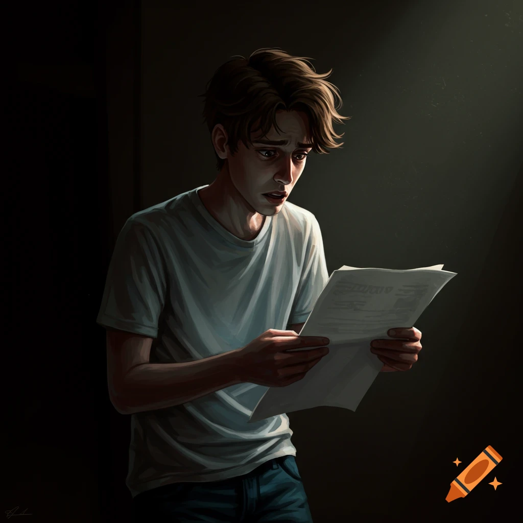 Illustration of a distressed young man reading a paper in a dark room.