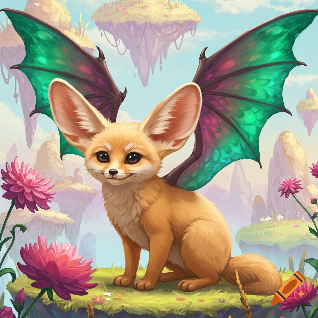 Cartoon fennec with dragon wings sitting in a fantasy landscape with floating islands.