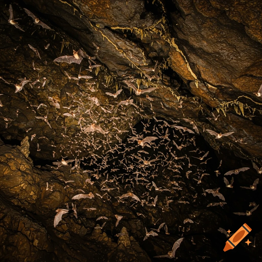 A large colony of bats flying in a dark cave.