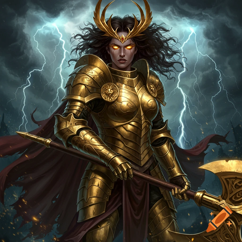 Female warrior in golden armor with glowing eyes holding an axe against a stormy background with lightning.