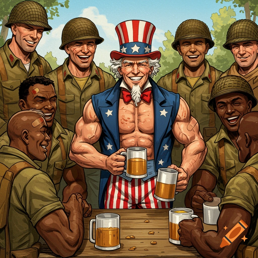 Cartoon illustration of muscular Uncle Sam sharing drinks with laughing soldiers around a table.