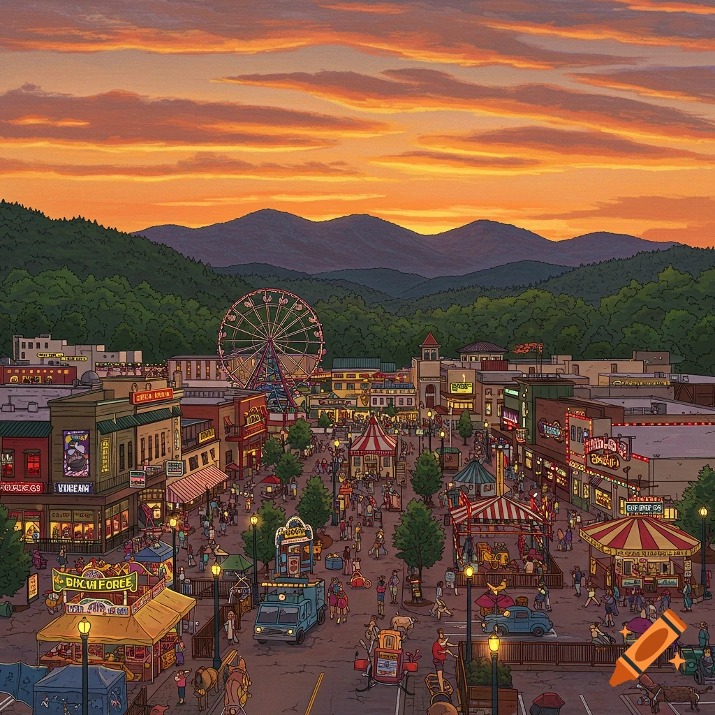 Illustration of a busy fairground with a Ferris wheel at sunset