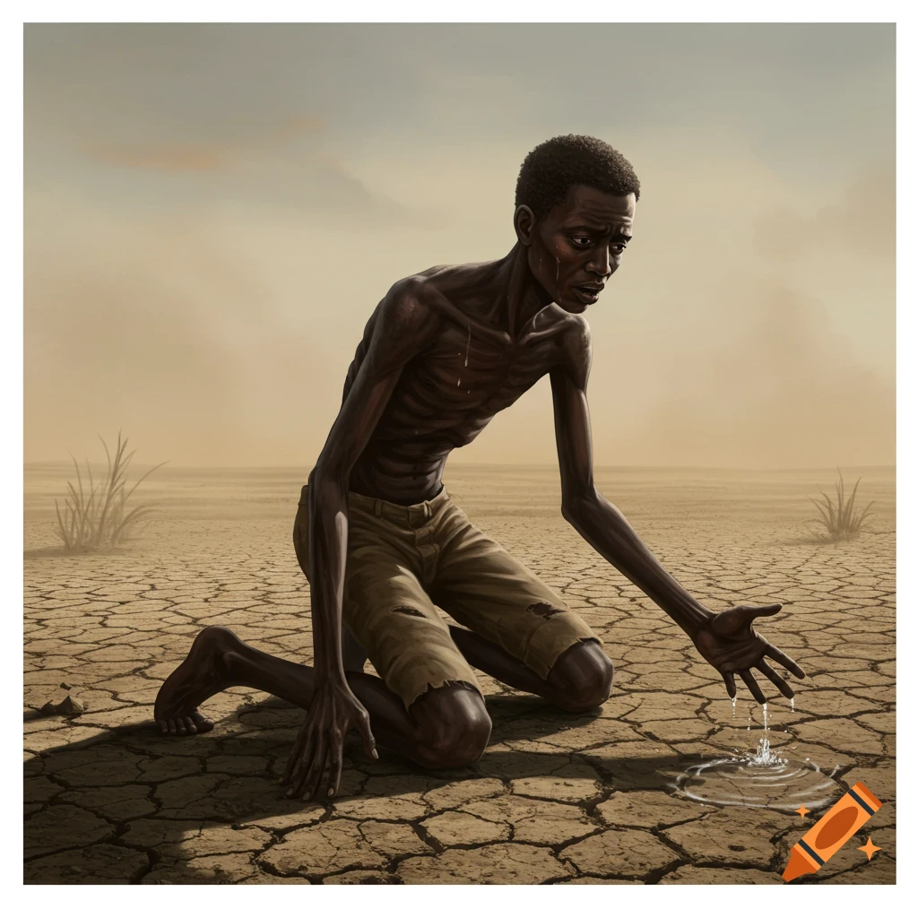 An emaciated person kneels on cracked earth reaching for a small puddle of water.