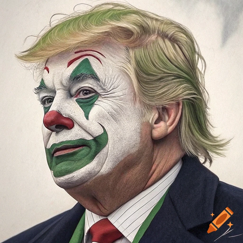 Realistic portrait of Donald Trump wearing Joker clown makeup and a suit.
