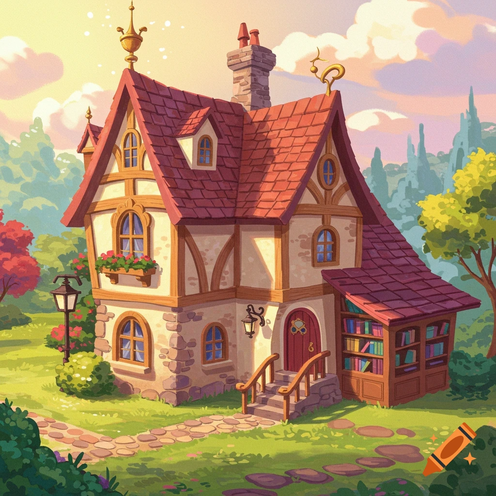A charming, fairytale-style house with a red roof and attached library, surrounded by gardens and a stone path under a bright, sunny sky.